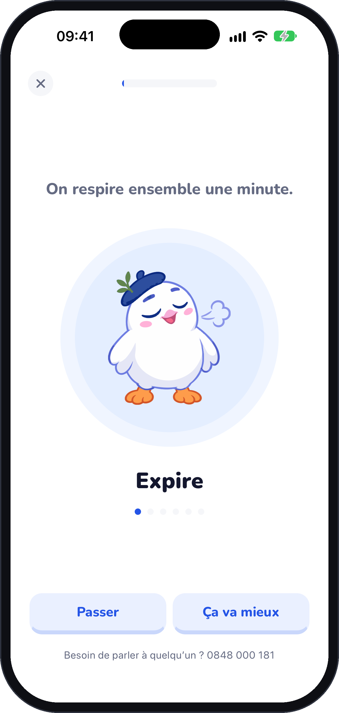 Écran « J’ai une envie » : Colombe guide la respiration, « Expire ».