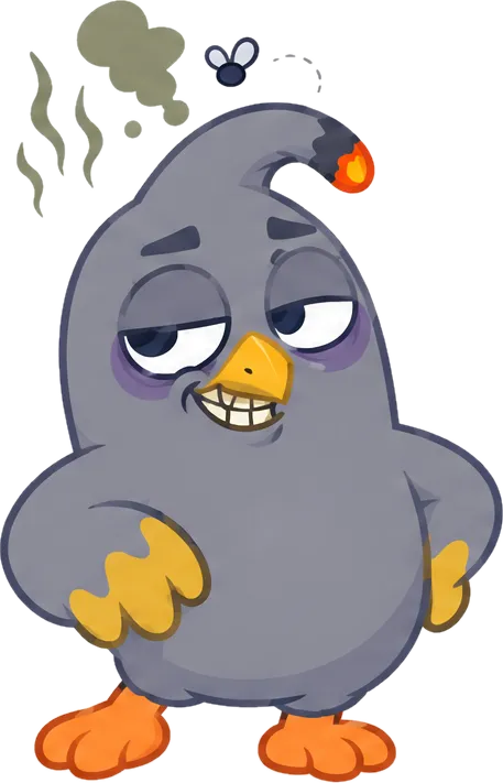 Nico, un pigeon gris à la crête fumante, sourire mielleux.