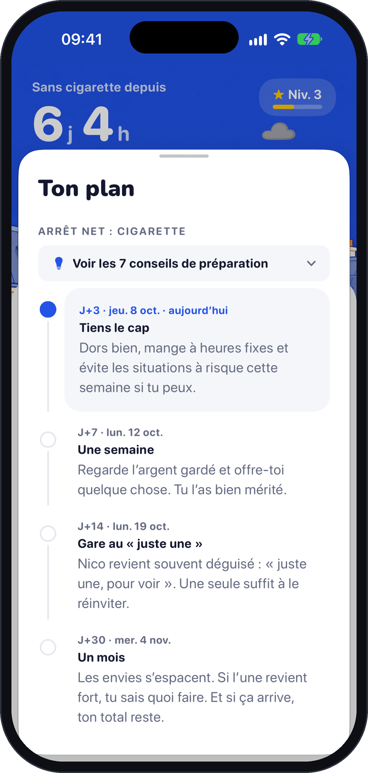 Ton plan d’arrêt, étape par étape : J+3, une semaine, J+14, un mois.